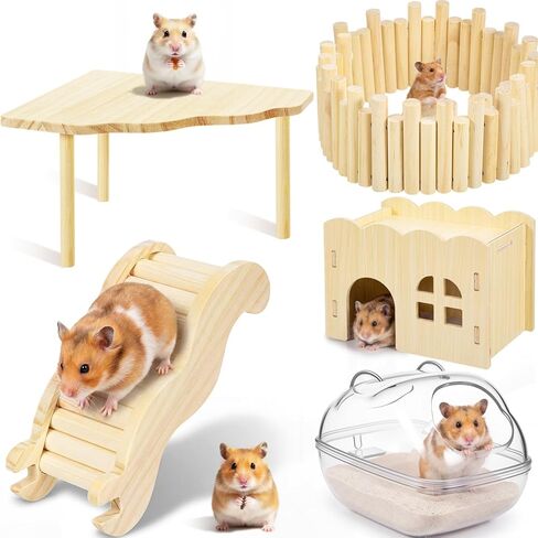 5 Pcs Hamster Platform Wooden Fence Bridge Ladder Climbing Toy Hidden House Exploring Toy with Hamster Bath Container Decor Cage Accessories for Small Animals Dwarf Syrian Gerbils Squirrel(Classic) in Kuwait