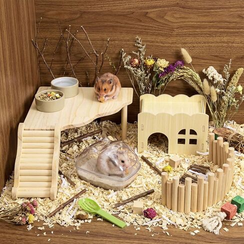 5 Pcs Hamster Platform Wooden Fence Bridge Ladder Climbing Toy Hidden House Exploring Toy with Hamster Bath Container Decor Cage Accessories for Small Animals Dwarf Syrian Gerbils Squirrel(Classic) in Kuwait