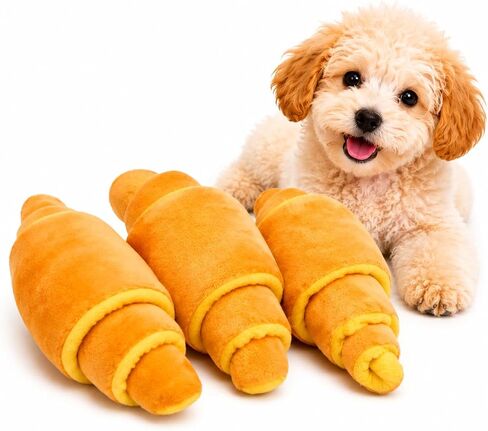 Cute Plush Croissant Dog Toy - Brunch Food Themed Squeaky Chew Toy for Small & Medium Dogs, Soft Interactive Plush with Crinkle Paper, Machine Washable, Eco-Friendly Materials in Kuwait