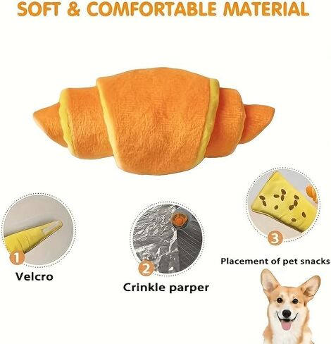 Cute Plush Croissant Dog Toy - Brunch Food Themed Squeaky Chew Toy for Small & Medium Dogs, Soft Interactive Plush with Crinkle Paper, Machine Washable, Eco-Friendly Materials in Kuwait