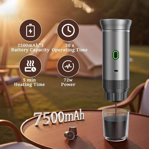 Portable coffee Maker, Electric Espresso Machine for Travel, 7500mAh Battery Capacity USB-C Rechargeable, Compatible with Ground Coffee & NS Capsules in Kuwait