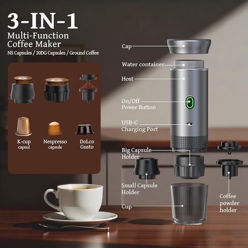 Portable coffee Maker, Electric Espresso Machine for Travel, 7500mAh Battery Capacity USB-C Rechargeable, Compatible with Ground Coffee & NS Capsules in Kuwait