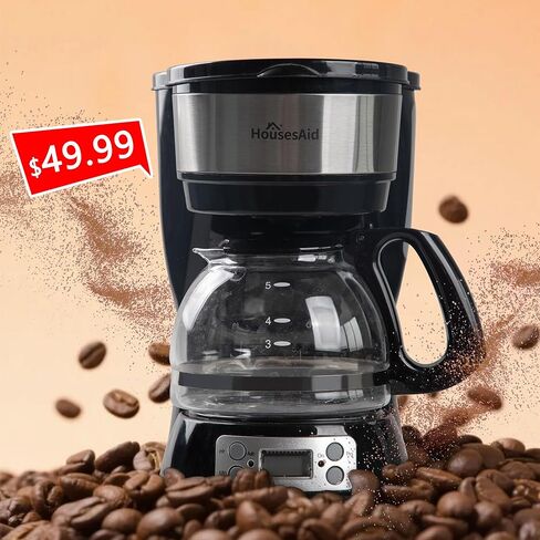 5-Cup Programmable Drip Coffee Maker with Digital Timer, Glass Carafe,24-Hour Auto Brew,2-Hour Auto Shut-Off, Pause & Pour, Removable Filter Basket,Compact Coffee Machine for Home & Office in Kuwait