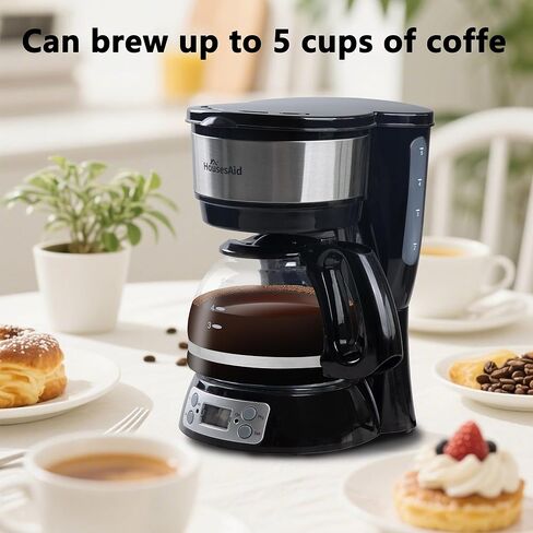 5-Cup Programmable Drip Coffee Maker with Digital Timer, Glass Carafe,24-Hour Auto Brew,2-Hour Auto Shut-Off, Pause & Pour, Removable Filter Basket,Compact Coffee Machine for Home & Office in Kuwait