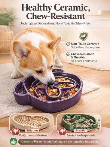 Cute Ceramic Slow Feeder Dog Shape, 1.5 Cups Pet Food Bowl for Small & Medium Breed. Bite-Resistant, Dishwasher Safe, Maze Design to Prevent Fast Eating, Bloat, Choking. Gift for Dog Lovers in Kuwait