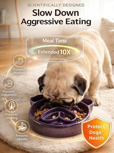 Cute Ceramic Slow Feeder Dog Shape, 1.5 Cups Pet Food Bowl for Small & Medium Breed. Bite-Resistant, Dishwasher Safe, Maze Design to Prevent Fast Eating, Bloat, Choking. Gift for Dog Lovers in Kuwait