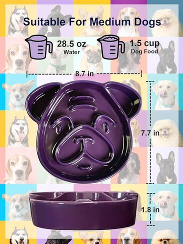 Cute Ceramic Slow Feeder Dog Shape, 1.5 Cups Pet Food Bowl for Small & Medium Breed. Bite-Resistant, Dishwasher Safe, Maze Design to Prevent Fast Eating, Bloat, Choking. Gift for Dog Lovers in Kuwait