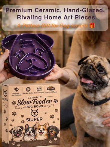 Cute Ceramic Slow Feeder Dog Shape, 1.5 Cups Pet Food Bowl for Small & Medium Breed. Bite-Resistant, Dishwasher Safe, Maze Design to Prevent Fast Eating, Bloat, Choking. Gift for Dog Lovers in Kuwait