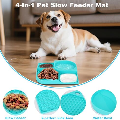 Lick Mat for Dogs, 4-in-1 Slow Feeder Bowl with Non-Slip Suction Cup, Food-Grade Silicone Lick Pads Perfect for Cat Anxiety, Fast Eating & Grooming-Aqua in Kuwait