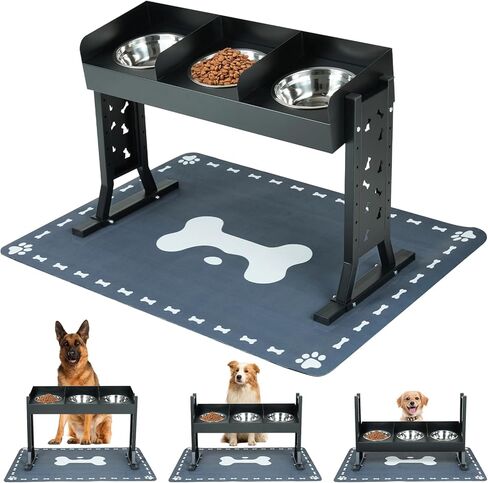 Elevated Dog Bowls for Large Breeds, Triple Dog Bowl Stand with 3 Stainless Steel Bowls, Adjustable Raised Dog Feeding Station, Slow Feeder Anti-Gulping Design, Heavy Duty in Kuwait