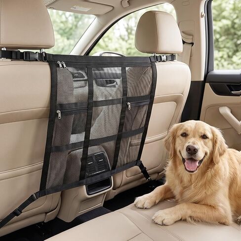 Dog Car Barrier, Dog Barrier for SUV, Reinforced Double-Layer Mesh, Adjustable Top & Bottom Straps, 3 Zipper Storage Pockets, Easy to Install, Also Fits Double-Cab Trucks & Select Sedans in Kuwait