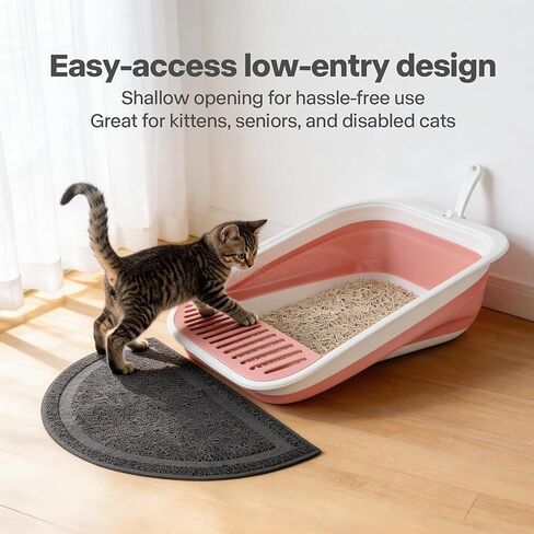 Pawise Foldable Cat Litter Box, Low Entry Collapsible Kitten Litter Box with Scoop, Travel Pet Potty Pan & Anti-Splash Toilet for Kittens (with Storage Bag, Cat Teaser & Litter Mat) (Pink) in Saudi Arabia