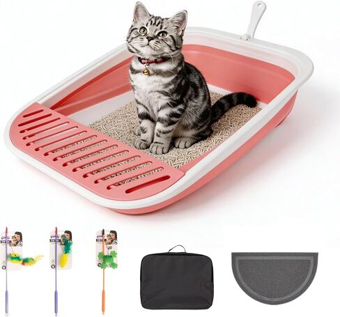 Pawise Foldable Cat Litter Box, Low Entry Collapsible Kitten Litter Box with Scoop, Travel Pet Potty Pan & Anti-Splash Toilet for Kittens (with Storage Bag, Cat Teaser & Litter Mat) (Pink) in Saudi Arabia