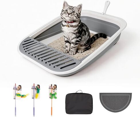 Pawise Foldable Cat Litter Box, Low Entry Collapsible Kitten Litter Box with Scoop, Travel Pet Potty Pan & Anti-Splash Toilet for Kittens (with Storage Bag, Cat Teaser & Litter Mat) (Pink) in Saudi Arabia
