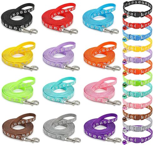 48 Pcs Dog Collar and Leash Set, Polypropylene Adjustable Puppy Collars Paws Pattern for Puppy Small Dogs Walking Training with Hook and Buckle, Multicolor in Kuwait