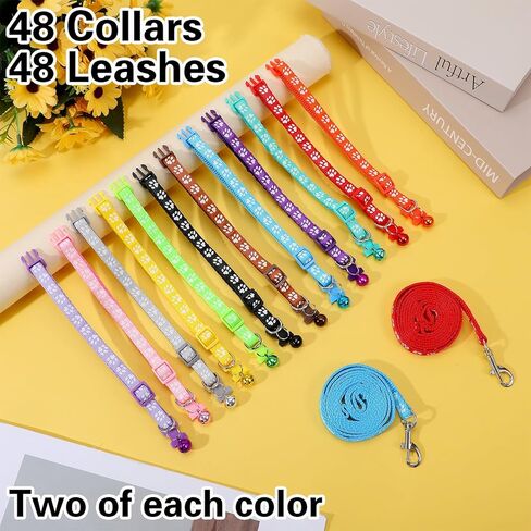 48 Pcs Dog Collar and Leash Set, Polypropylene Adjustable Puppy Collars Paws Pattern for Puppy Small Dogs Walking Training with Hook and Buckle, Multicolor in Kuwait