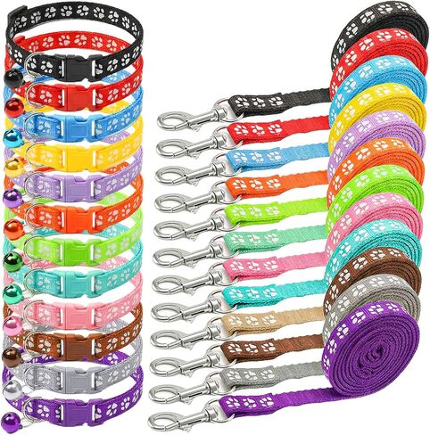48 Pcs Dog Collar and Leash Set, Polypropylene Adjustable Puppy Collars Paws Pattern for Puppy Small Dogs Walking Training with Hook and Buckle, Multicolor in Kuwait