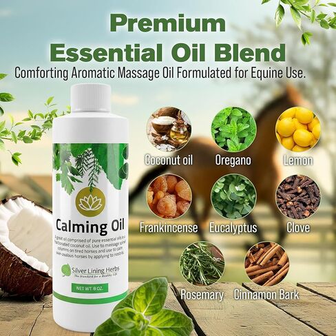Silver Lining Herbs Calming Oil for Horses - Pure Essential Oil Horse Calming Supplements, Helps Relax Anxious, Restless & High-Strung Horses with Oregano, Eucalyptus & Coconut Essential Oils - 8oz in Kuwait