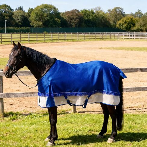 Breathable Horse Fly Sheets for hot Weather - Lightweight Summer Horse mesh Blanket for Sun & Bug Protection with Adjustable Tail Sheet (Navy/Sand) in Kuwait
