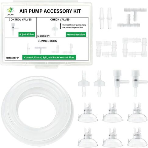 LINLAN 10 Feet 3/16''Silicone Airline Tubing with Storage Box, Aquarium Air Pump Accessory Kit, 2 Check Valves, 2 Control Valves, 8 Connectors, 6 Suction Cups, for Fish Tank in Kuwait