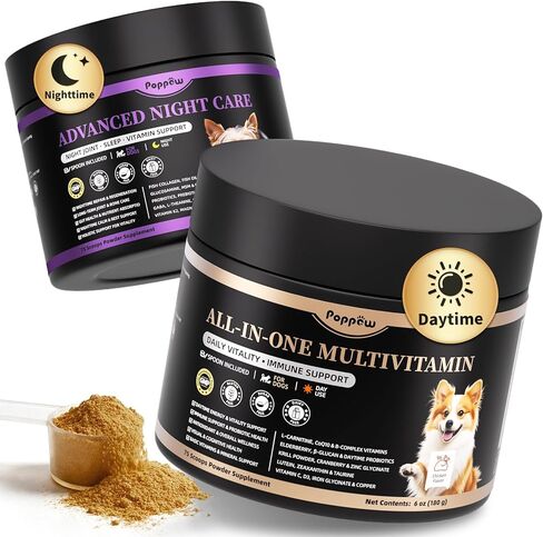 25-in-1 Dog Vitamins and Supplements - Day & Night 2 Pack - Dog Multivitamin Powder with Collagen, Glucosamine, Probiotics - Joint, Gut, Calm, Skin & Immune Support, Chicken Flavor, 150 Scoops in Kuwait