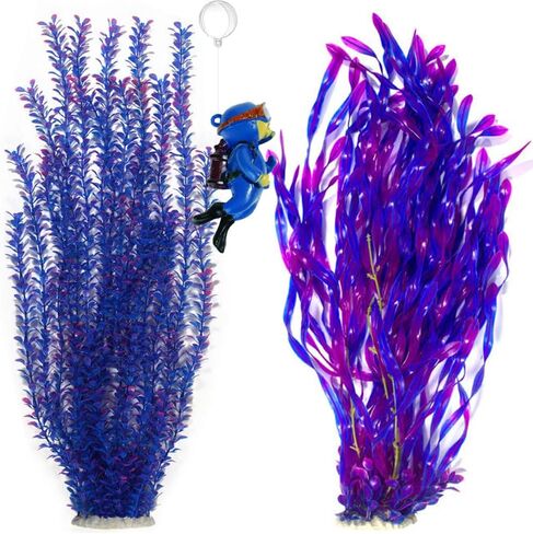 2 Pack Aquarium Decor Artificial Seaweed Water Plants, Extra Large 23.6 Inches Fish Tank Plastic Plants, Tall Fish Tank Decorations with a Aquarium Diver Ornament (Orange) in Kuwait