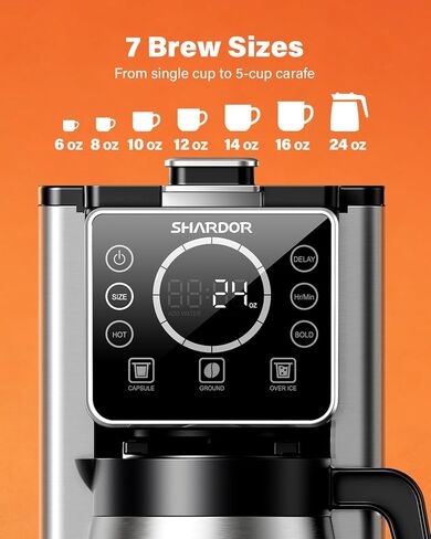 SHARDOR Programmable 5 Cup Drip Coffee Maker, Single Serve Hot & Iced Coffee Machine for K Cup & Grounds, 95oz Removable Reservoir, 6–24oz Brew Size, Strong Brew, Stainless Steel Thermal Carafe, Black in Kuwait