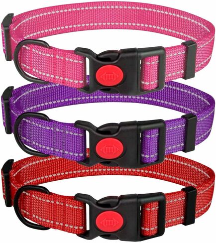 3 PCS Dog Collars for Medium Dogs,Reflective Dog Collar Adjustable Soft Nylon with Safety Locking Buckle Girl Dog Collars,Hotpink+Purple+Red,M in Kuwait