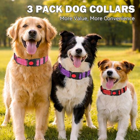 3 PCS Dog Collars for Medium Dogs,Reflective Dog Collar Adjustable Soft Nylon with Safety Locking Buckle Girl Dog Collars,Hotpink+Purple+Red,M in Kuwait