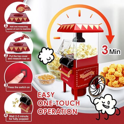 Popcorn Machine, Hot Air Popcorn Maker Kit Gift Box, Portable Home Popcorn Popper Machine, 10-Cup,Oil-Free,Retro Style,Compact and Cute in Kuwait