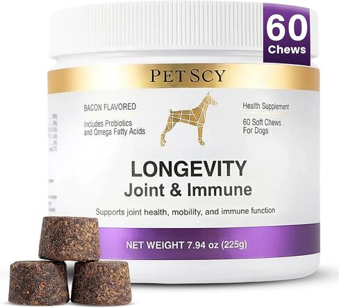Petscy Longevity Hip & Joint + مضغ دعم المناعة للكلاب - 3.75 جرام مضغ - جرعة عالية من الجلوكوزامين، MSM، كوندرويتين، بلح البحر الأخضر، أوميغا 3، البروبيوتيك - 60 مضغ (الكلاب الصغيرة والمتوسطة) in Kuwait