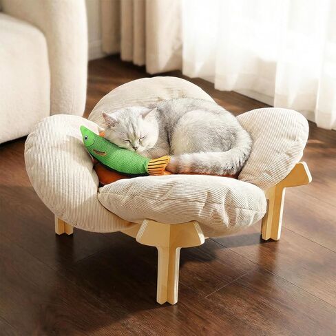 Elevated Flower Cat Bed with Thickened Soft Cushions, Aesthetic Raised Cat Chair for Indoor Cats, Wooden Cats Furniture with Toy, 39lbs Capacity (Beige Petal & Orange Center) in Kuwait