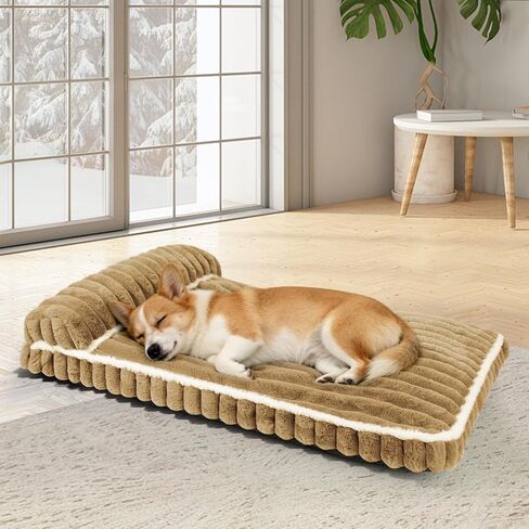 Comfort Dog Beds for Large Dogs,Dog Bed with Removable Washable Cover, Deluxe Plush Dogs Beds for Crate with Pillow, Anti-Slip Pet Mat Mattress for Kennel with Durable Zipper(Brown,L) in Saudi Arabia