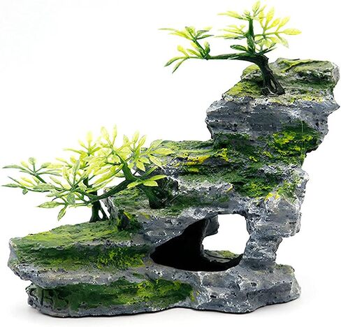 IBWell Aquarium Ornament, Mountain View Stone with Moss Tree Rock Cave Landscape Artificial Fish Tank Decoration in Kuwait