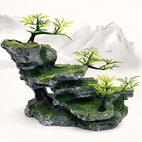 IBWell Aquarium Ornament, Mountain View Stone with Moss Tree Rock Cave Landscape Artificial Fish Tank Decoration in Kuwait