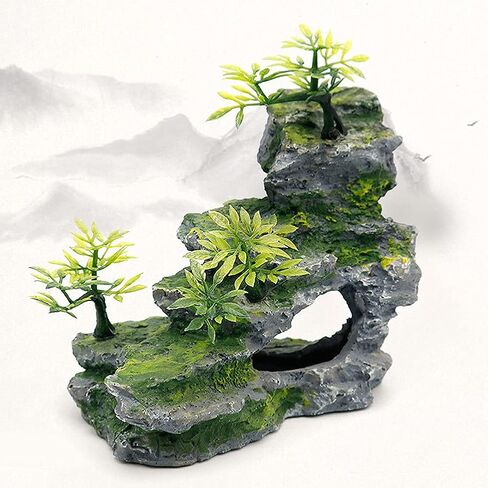 IBWell Aquarium Ornament, Mountain View Stone with Moss Tree Rock Cave Landscape Artificial Fish Tank Decoration in Kuwait