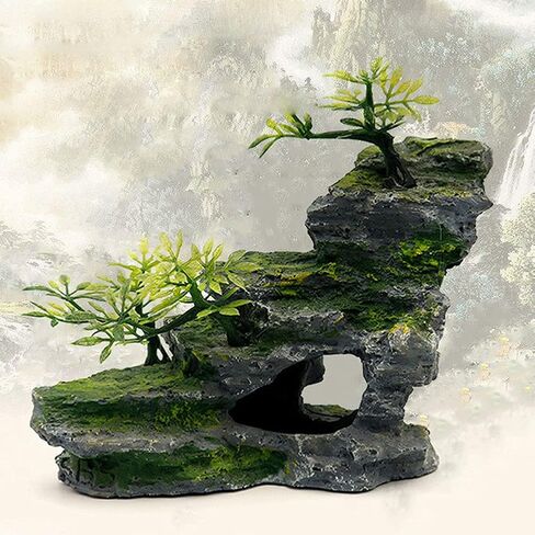 IBWell Aquarium Ornament, Mountain View Stone with Moss Tree Rock Cave Landscape Artificial Fish Tank Decoration in Kuwait