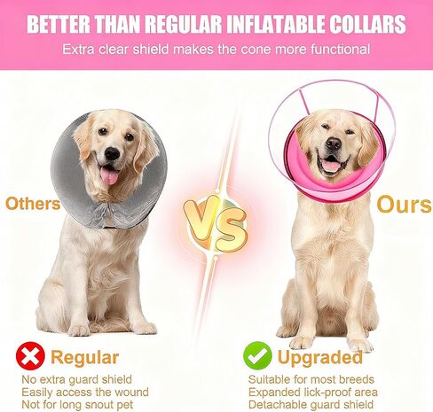 2-in-1 Soft Inflatable Dog Cone Collar Alternative with Enhanced Anti-Licking Guard Shield, Dog Collar After Surgery, Adjustable Recovery Cones for Large Medium Small Dogs and Cats(Pink, L) in Kuwait