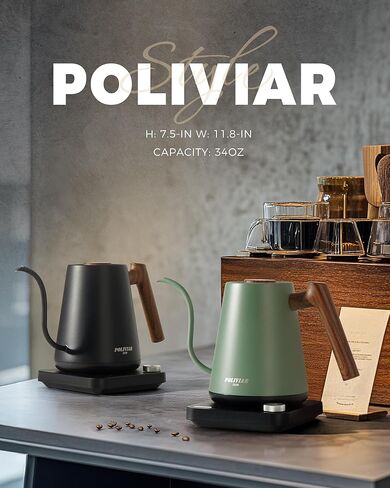 POLIVIAR Electric Gooseneck Kettle, 1350W Electric Tea Kettle Wood Pattern Handle, 34oz Pour Over Electric Kettle for Coffee & Tea, 18/8 Stainless Steel Inner, Temperature Control & Rapid Heating in Kuwait