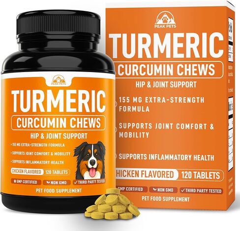 Turmeric for Dogs (155mg) Turmeric Curcumin Supplement for Dogs with BioPerine - Immune System Hip, Mobility & Joint Support - 120 Chicken Flavor Chewable Tablets - Third Party Tested & Non-GMO in Kuwait