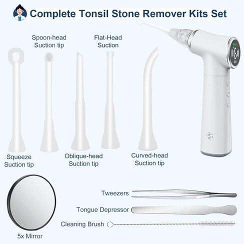 Tonsil Stone Vacuum Removal Kit with LED Light - Electronic Tonsil Stone Remover Tool with 6 Levels Suction, Shadowless Light, 5 Silicone Nozzles, Tweezers, Tough Plate, Swabs, 5X Magnifying Mirror in Saudi Arabia