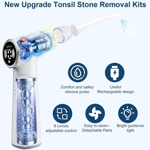 Tonsil Stone Vacuum Removal Kit with LED Light - Electronic Tonsil Stone Remover Tool with 6 Levels Suction, Shadowless Light, 5 Silicone Nozzles, Tweezers, Tough Plate, Swabs, 5X Magnifying Mirror in Saudi Arabia