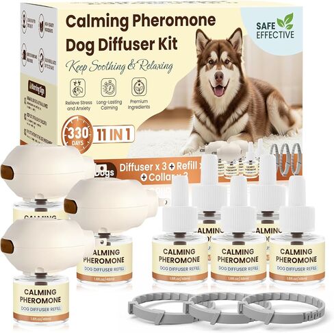 Dog Pheromones Calming Diffuser to Calm Dogs 11 IN 1 Kit (3 Diffusers+5 Refills+3 Collars) Pheromone Plug In for Stress Barking Pee Accidents Chewing Aggression Separation Anxiety Relief(Odorless) in Kuwait