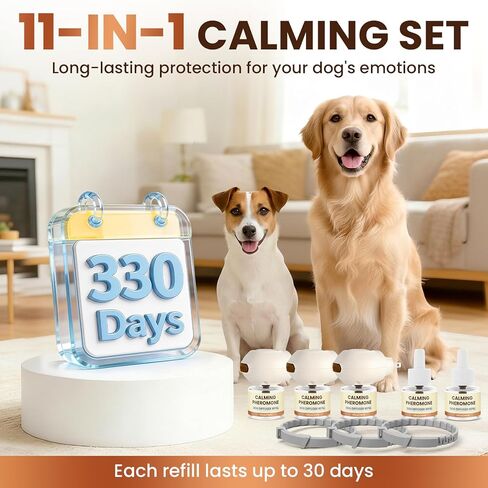 Dog Pheromones Calming Diffuser to Calm Dogs 11 IN 1 Kit (3 Diffusers+5 Refills+3 Collars) Pheromone Plug In for Stress Barking Pee Accidents Chewing Aggression Separation Anxiety Relief(Odorless) in Kuwait
