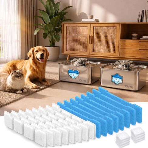 Kastty 15L Dog Water Fountain Filters, 8 Set Replacement Filters for FS80/FS81 Stainless Steel Pet Water Fountain, 5-Stage Filtration, Activated Carbon & PP Cotton, for Large Dog, Multi-Pet Home, L05 in Kuwait