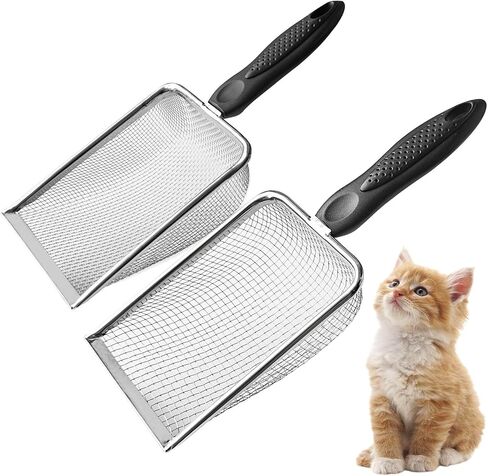 2Pcs Metal Litter Scooper Stainless Steel Metal Cat Litter Poop Scoop with 2.0mm & 3.8mm Mesh,Litter Cleaner Sifter for Cat,Dog,Kitty,Rabbit,Hamster, Reptile in Kuwait