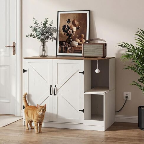 HOOBRO Farmhouse Cat Litter Box Enclosure, Automatic Cat Litter Box Cabinet with Charging Station, Hidden Cat Furniture with Hanging Ball & Sisal Mat, Tabletop & Hook, White and Walnut WH88UMW01 in Kuwait