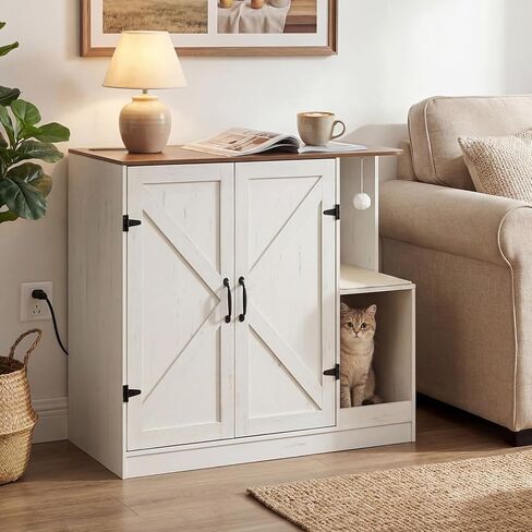 HOOBRO Farmhouse Cat Litter Box Enclosure, Automatic Cat Litter Box Cabinet with Charging Station, Hidden Cat Furniture with Hanging Ball & Sisal Mat, Tabletop & Hook, White and Walnut WH88UMW01 in Kuwait