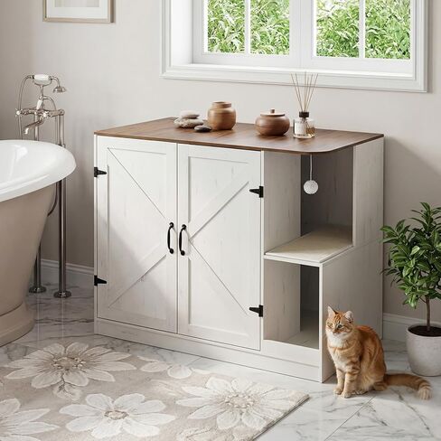 HOOBRO Farmhouse Cat Litter Box Enclosure, Automatic Cat Litter Box Cabinet with Charging Station, Hidden Cat Furniture with Hanging Ball & Sisal Mat, Tabletop & Hook, White and Walnut WH88UMW01 in Kuwait