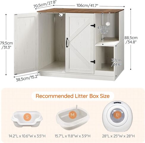 HOOBRO Farmhouse Cat Litter Box Enclosure, Automatic Cat Litter Box Cabinet with Charging Station, Hidden Cat Furniture with Hanging Ball & Sisal Mat, Tabletop & Hook, White and Walnut WH88UMW01 in Kuwait